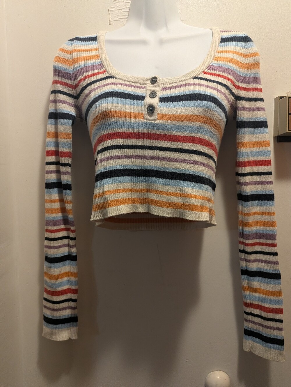 American Eagle Medium Striped Knit Henley Crop Top - Multicolor